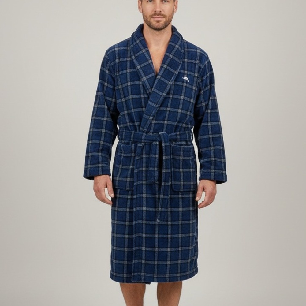 Tommy Bahama Mens Blue Plaid Plush Fleece Bath Robe Small/Medium S/M Loungewear